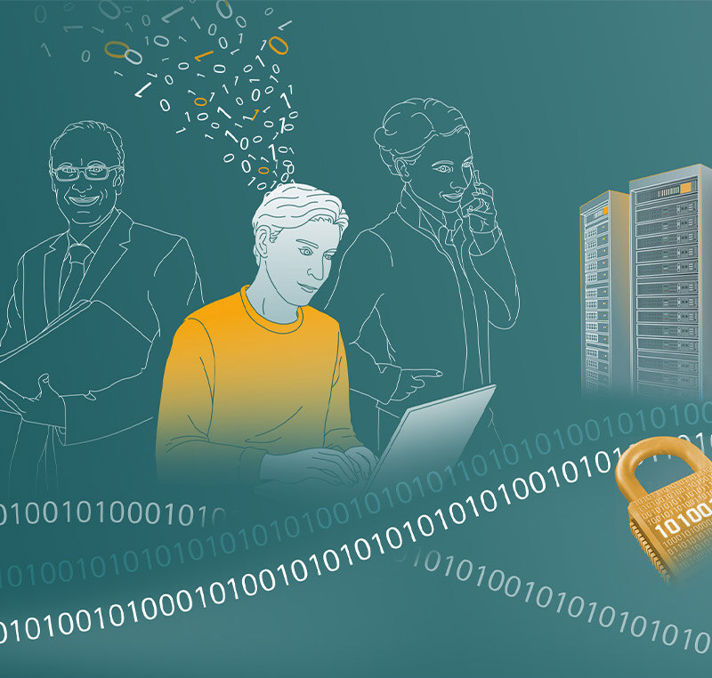Illustration von drei Personen, ein Junger Mann am Laptop, eine junge Frau die Telefoniert und ein älterer Mann mit einem Buch, um Sie herum schwirren binäre Zahlenfolgen